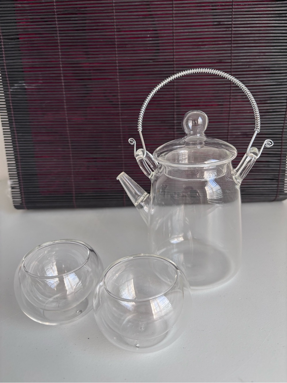 Clear Glass Teapot with Two Double-Walled Tea Cups